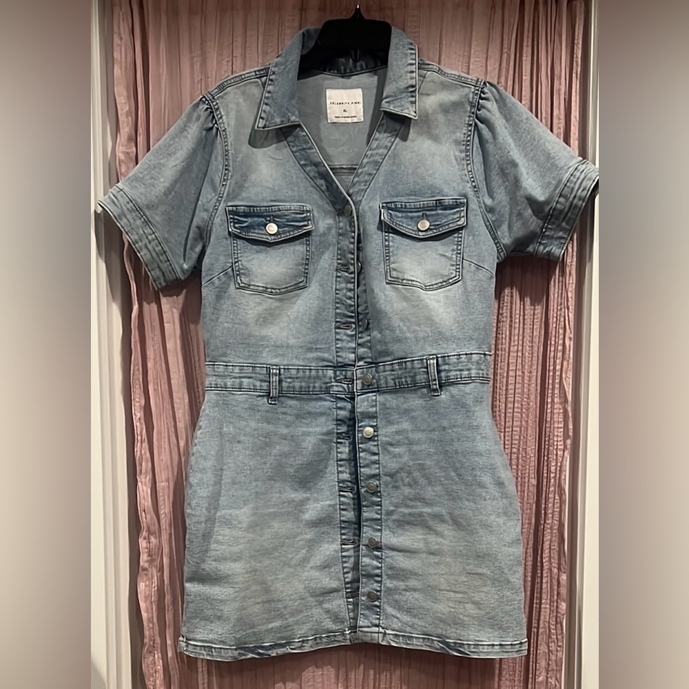 Celebrity Pink Blue Casual Short Sleeve Shirt Dress